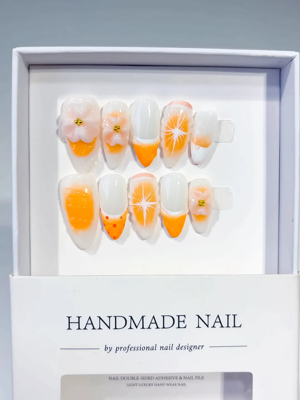 White Orange French tip Flower Fruit press on nails full set view