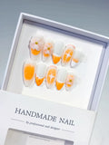 White Orange French tip Flower Fruit press on nails
