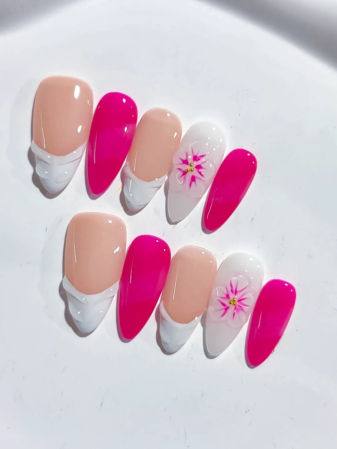 Nude Pink White French tip Flower press on nails close up