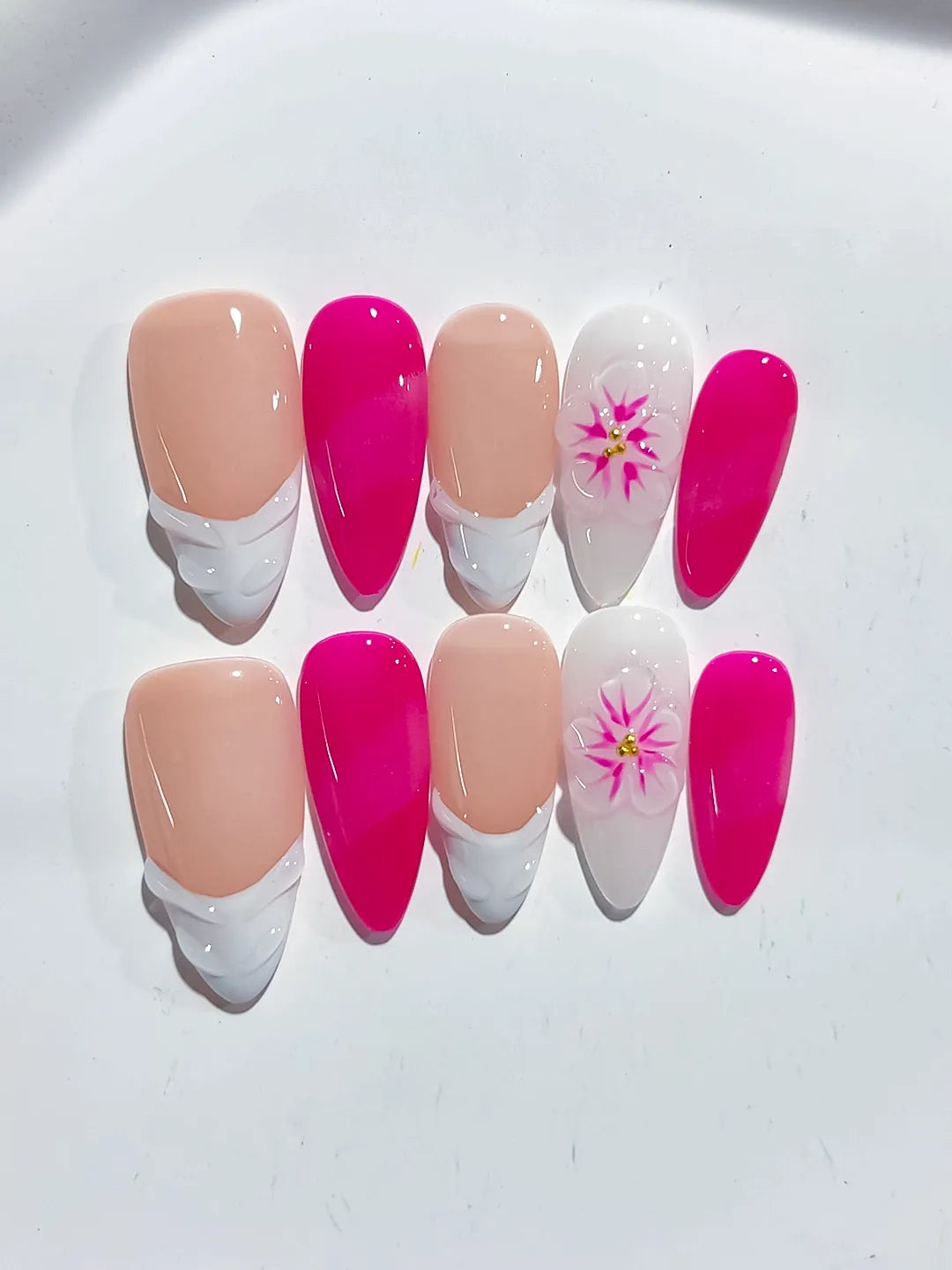 Nude Pink White French tip Flower press on nails detail view