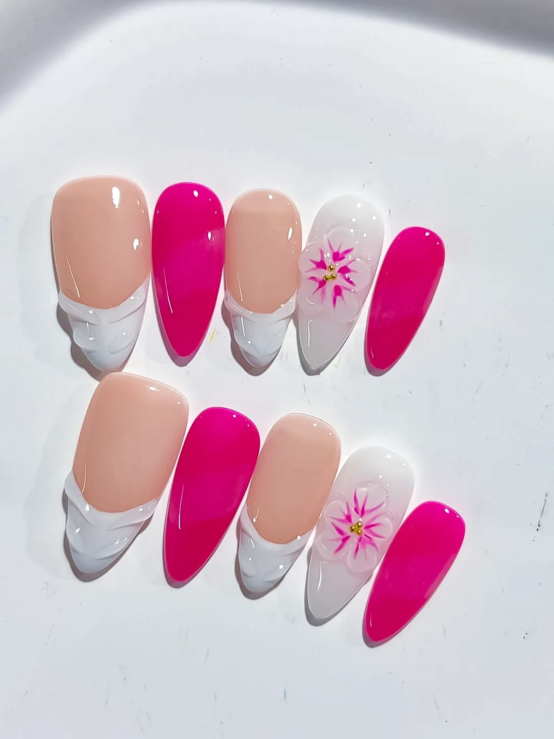 Nude Pink White French tip Flower press on nails detail view