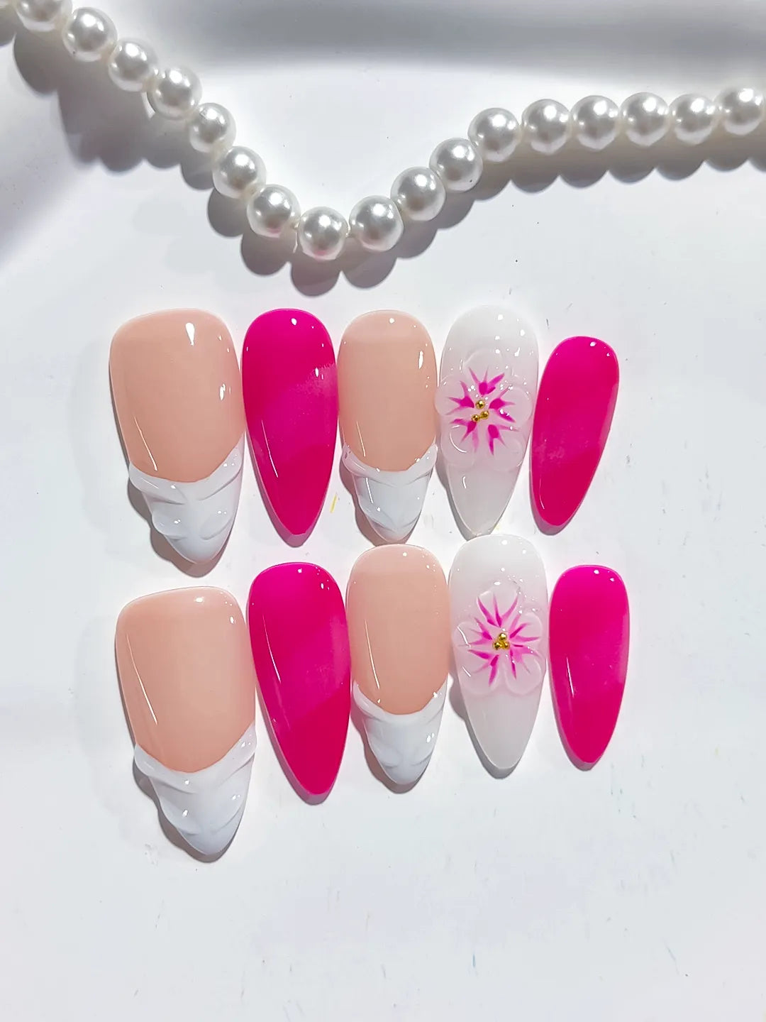 Nude Pink White French tip Flower press on nails detail view