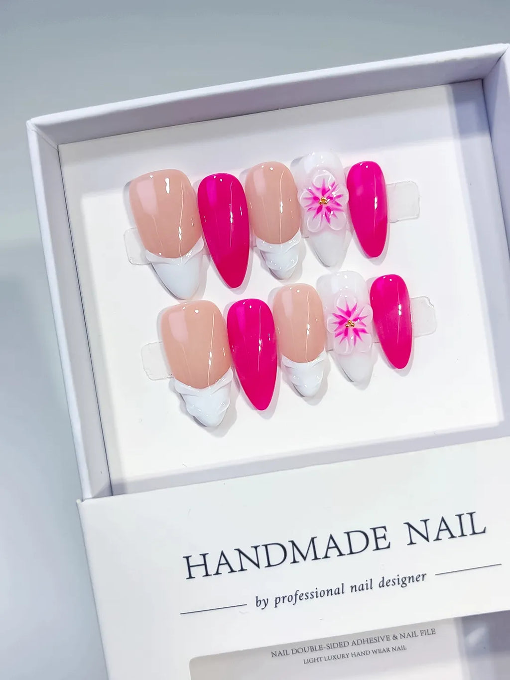 Nude Pink White French tip Flower press on nails angled view