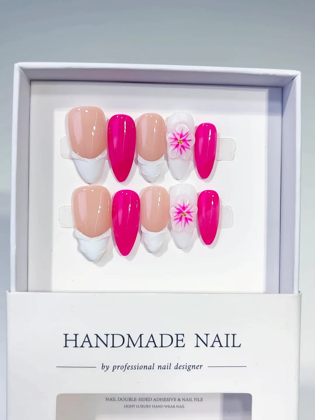 Nude Pink White French tip Flower press on nails full set view