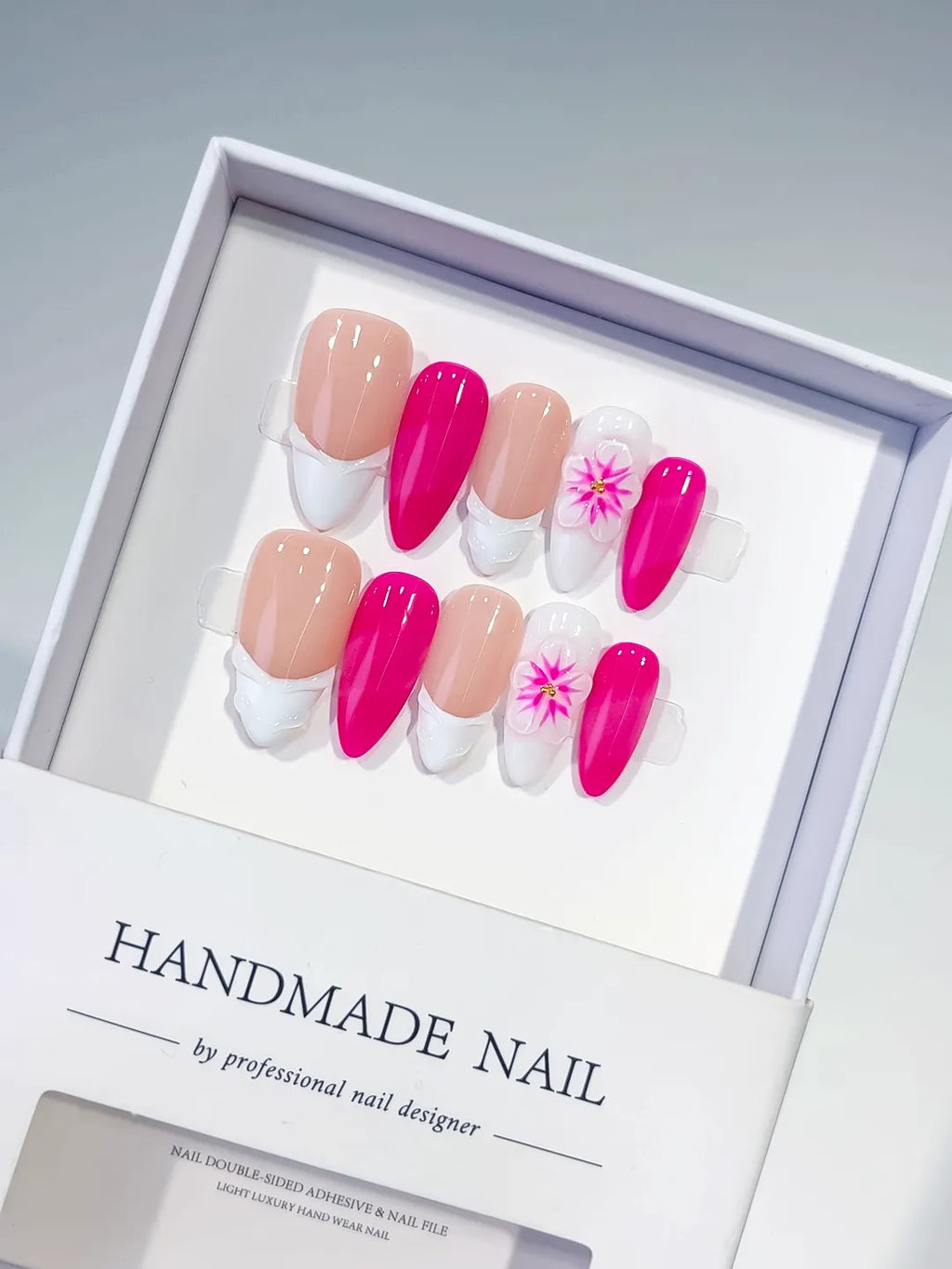 Nude Pink White French tip Flower press on nails