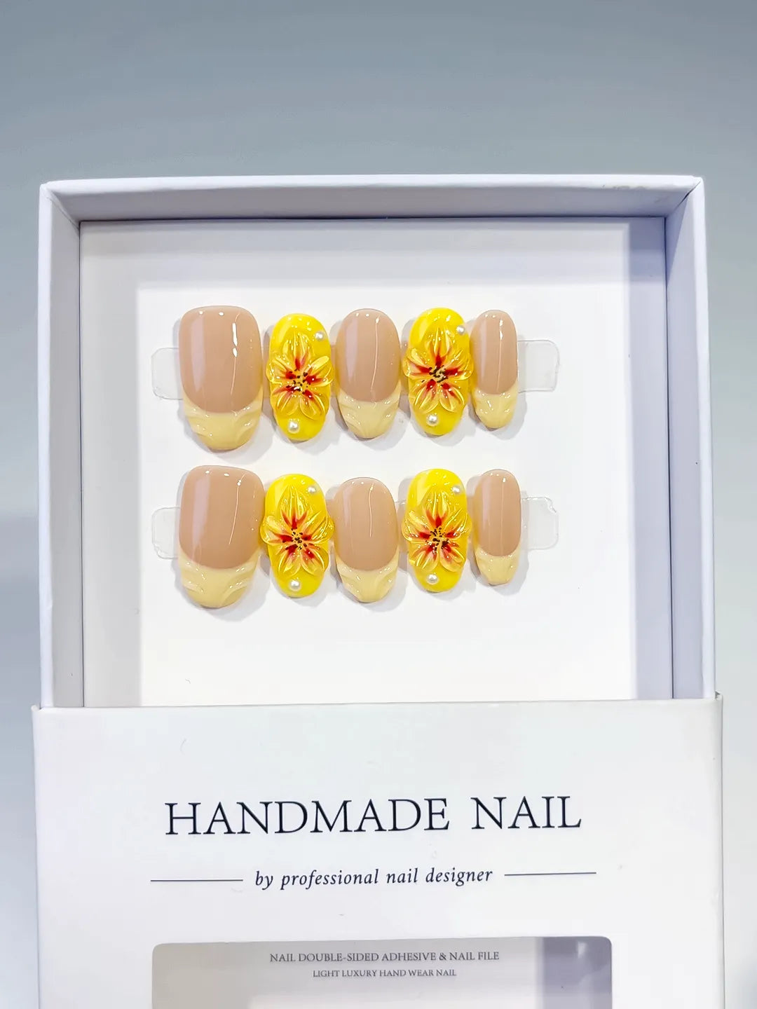 Nude Yellow French tip Flower press on nails full set view