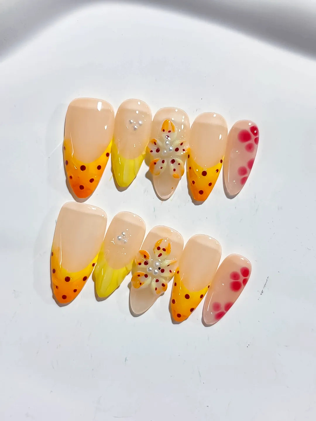 Nude Yellow Pink French tip Flower Dot Pattern press on nails detail view