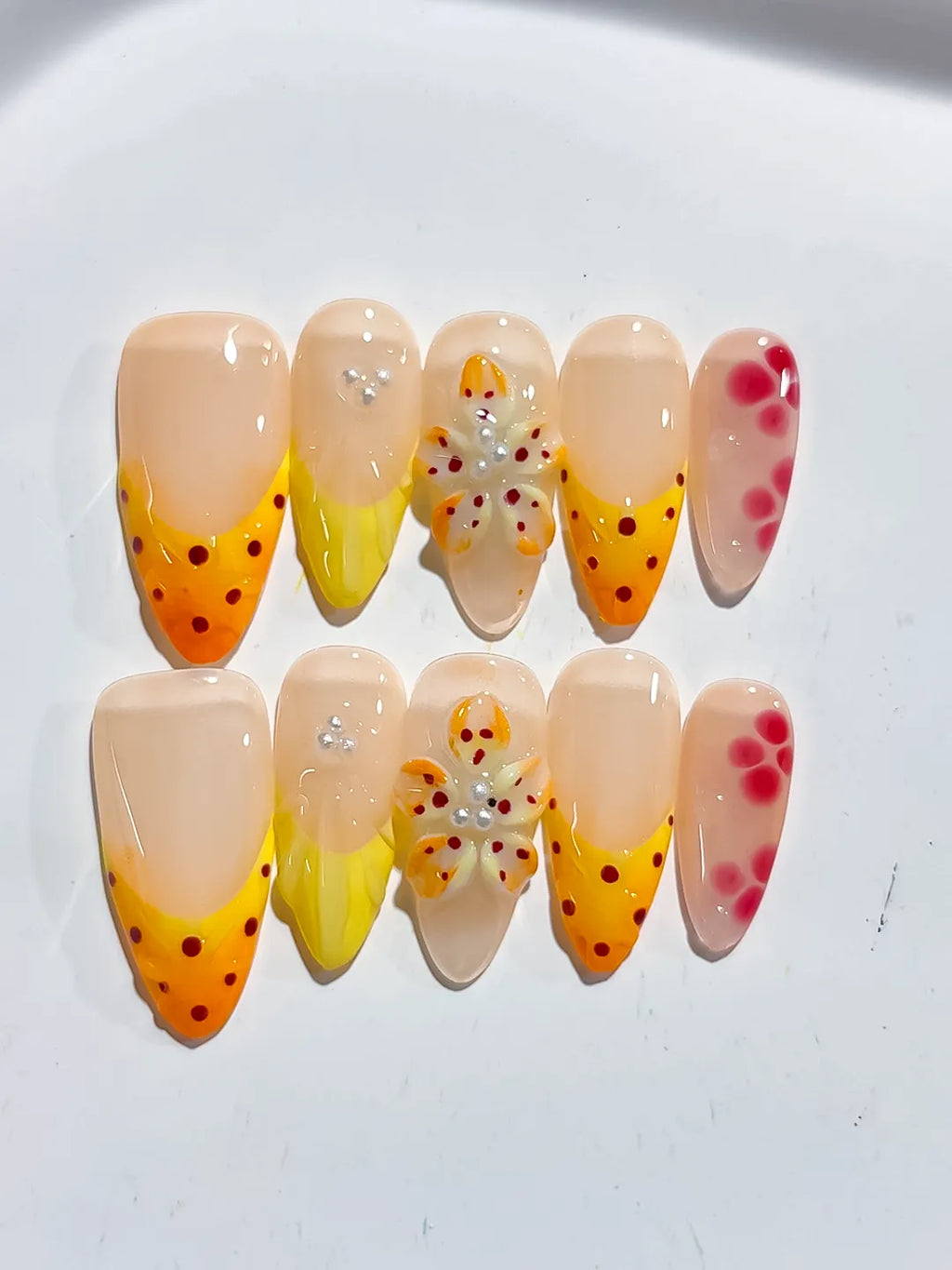 Nude Yellow Pink French tip Flower Dot Pattern press on nails detail view