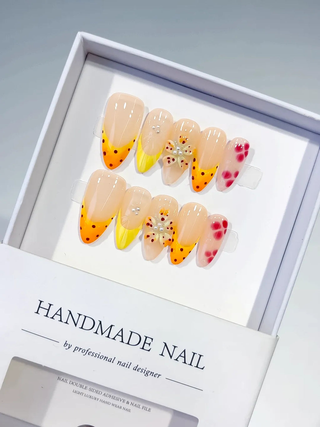 Nude Yellow Pink French tip Flower Dot Pattern press on nails