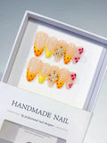 Nude Yellow Pink French tip Flower Dot Pattern press on nails