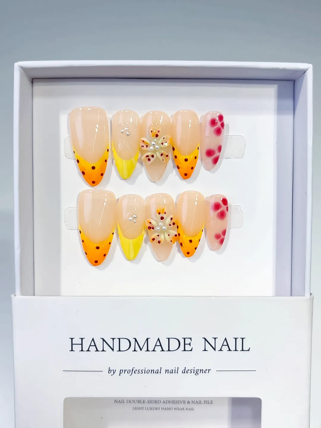 Nude Yellow Pink French tip Flower Dot Pattern press on nails full set view