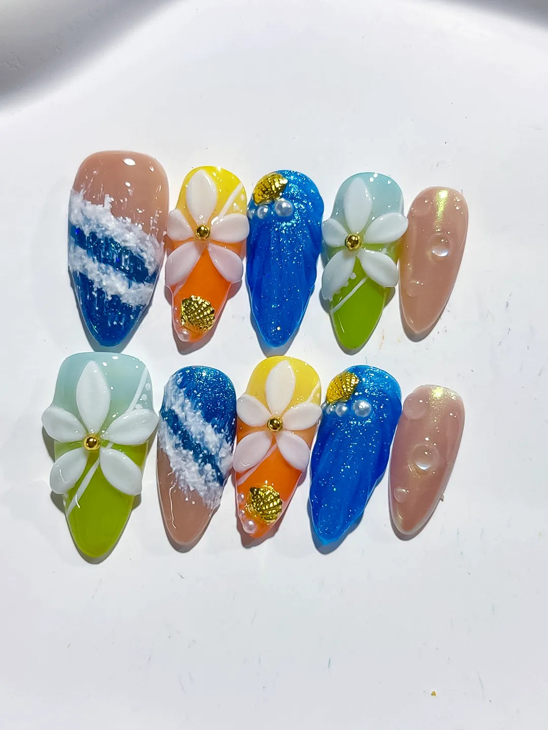 Blue Green Orange Gold Silver Abstract Flower Glitter press on nails close up