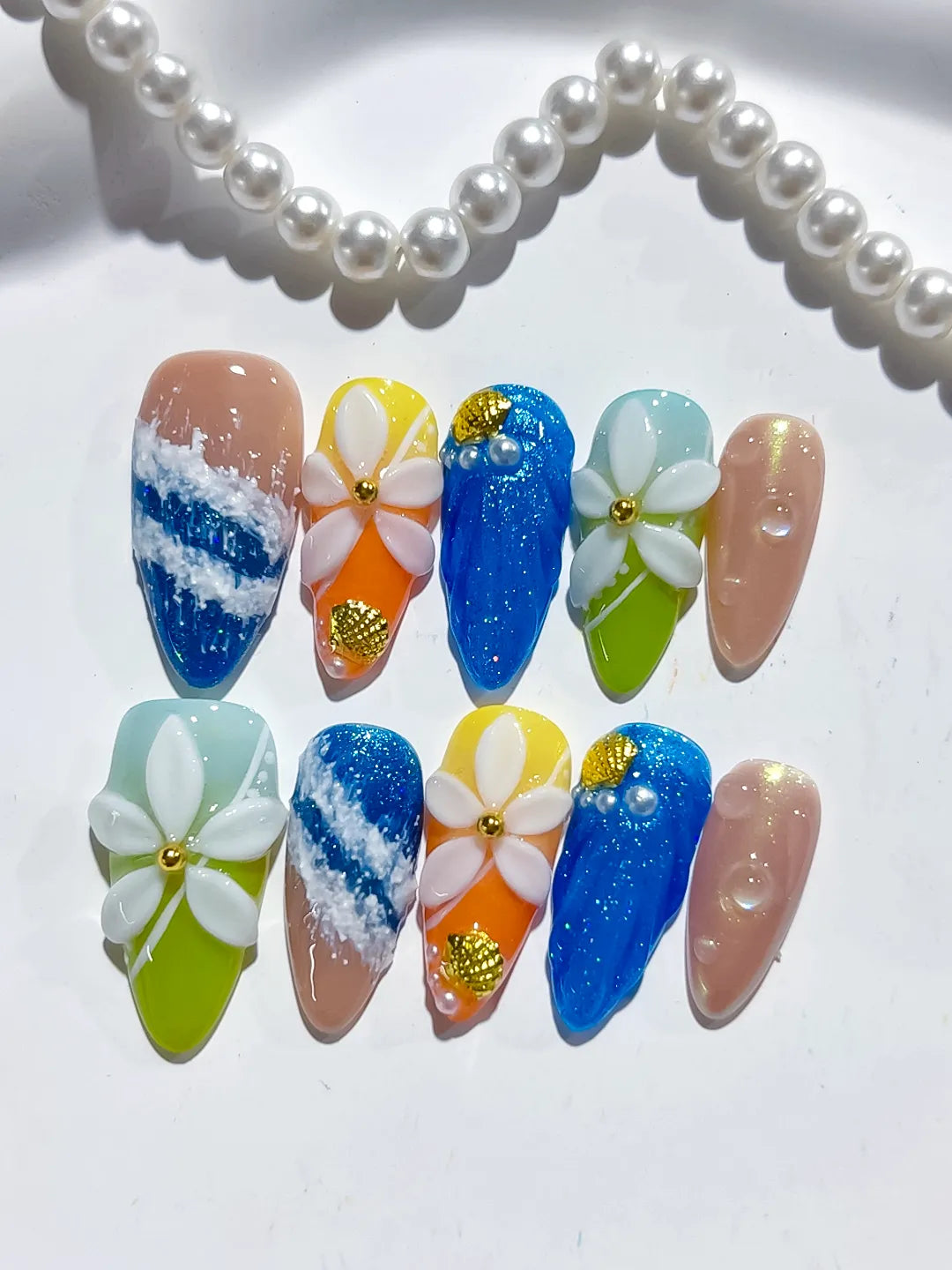 Blue Green Orange Gold Silver Abstract Flower Glitter press on nails detail view