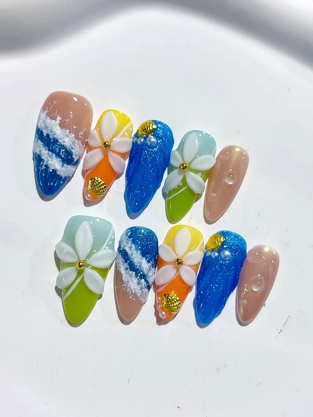 Blue Green Orange Gold Silver Abstract Flower Glitter press on nails detail view