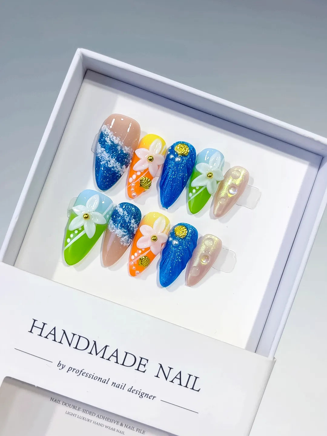 Blue Green Orange Gold Silver Abstract Flower Glitter press on nails