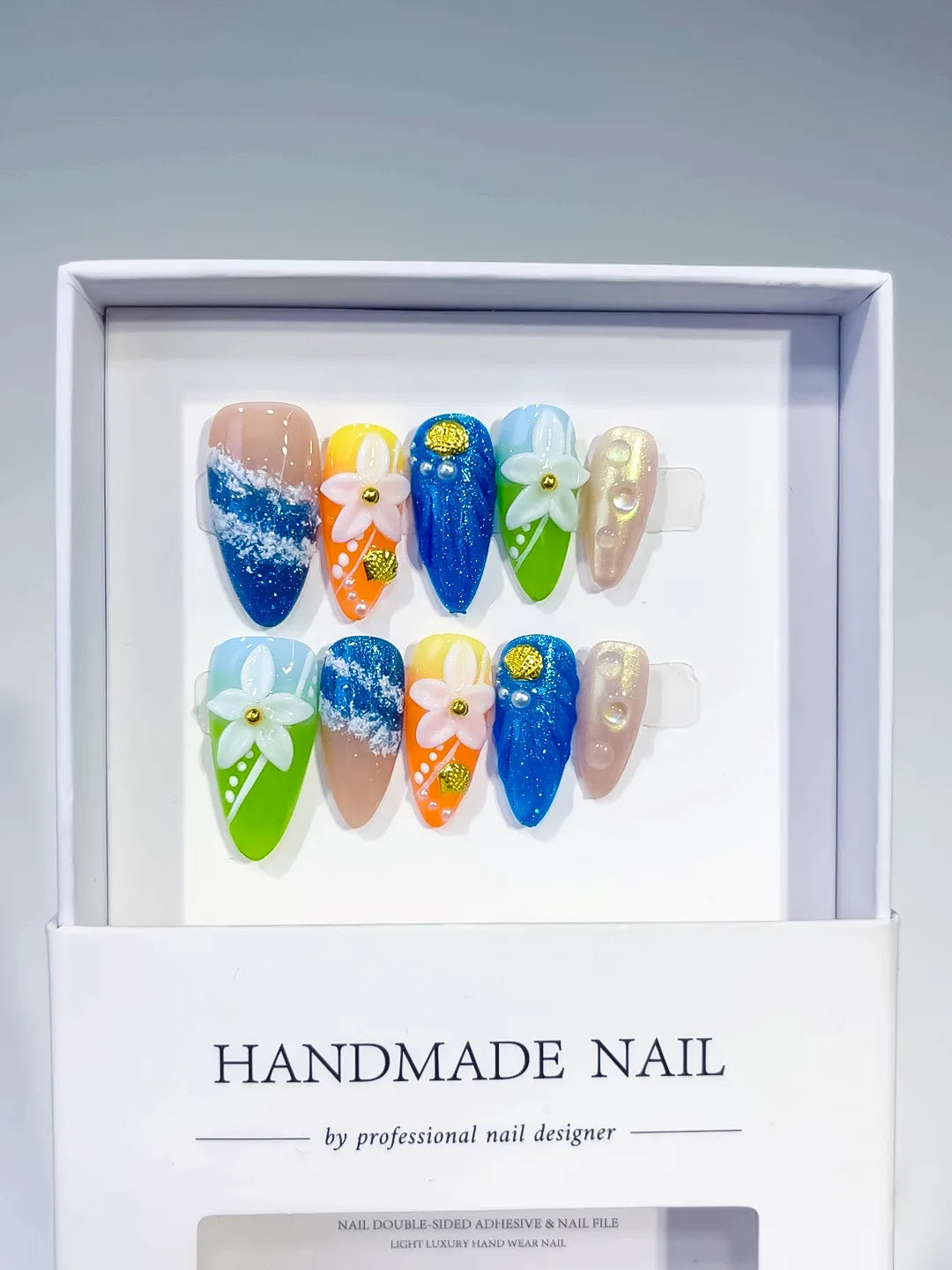 Blue Green Orange Gold Silver Abstract Flower Glitter press on nails full set view