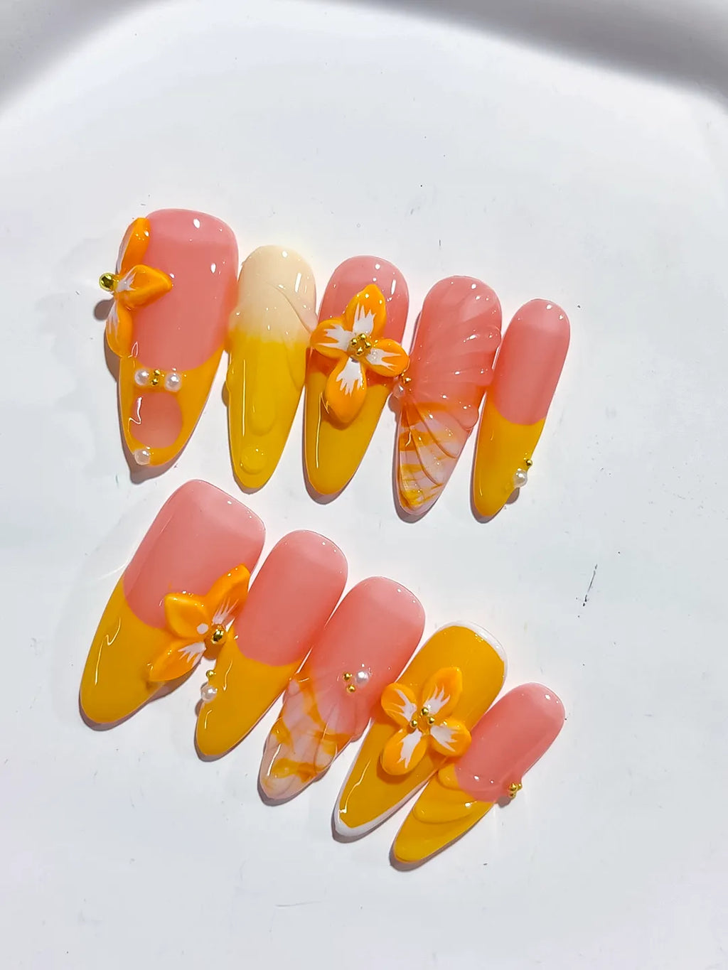 Pink Yellow Orange Ombre Flower Plaid press on nails close up