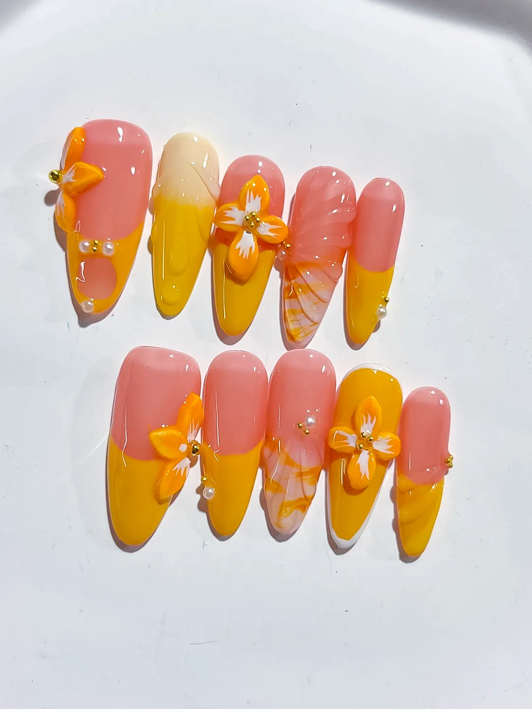Pink Yellow Orange Ombre Flower Plaid press on nails detail view