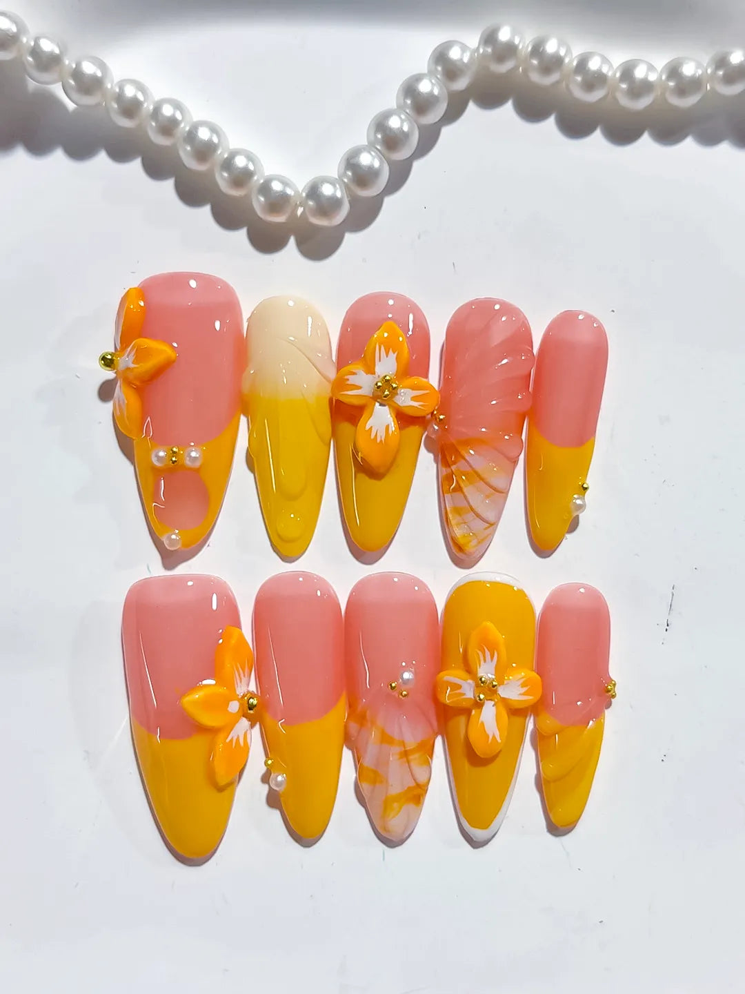 Pink Yellow Orange Ombre Flower Plaid press on nails detail view