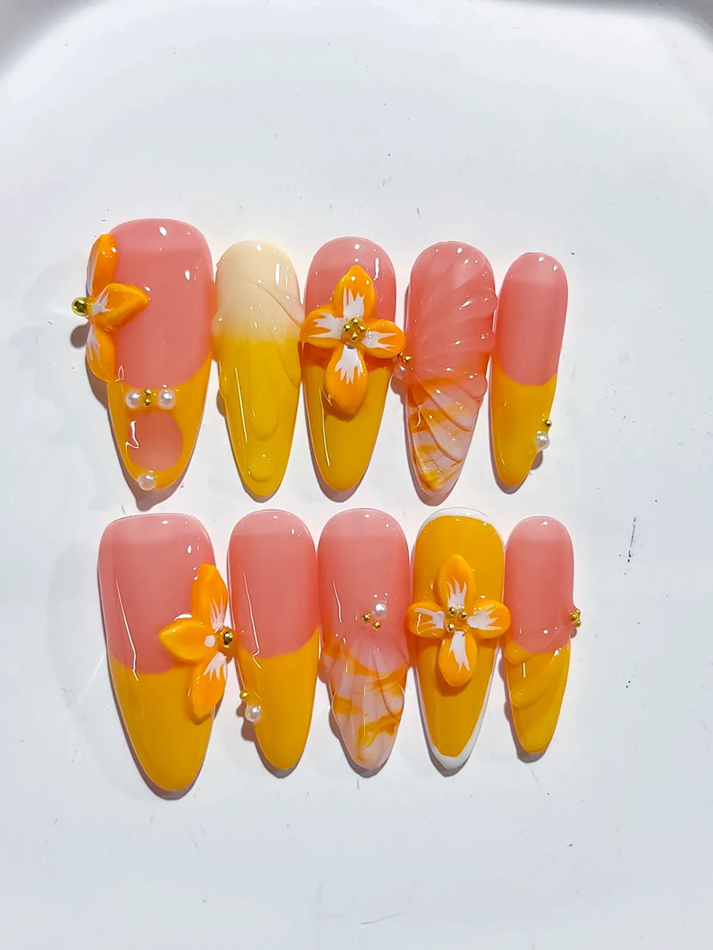 Pink Yellow Orange Ombre Flower Plaid press on nails detail view
