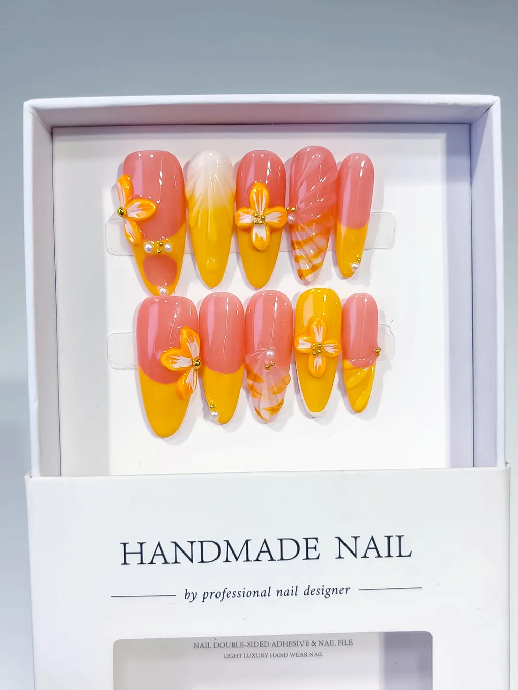 Pink Yellow Orange Ombre Flower Plaid press on nails full set view