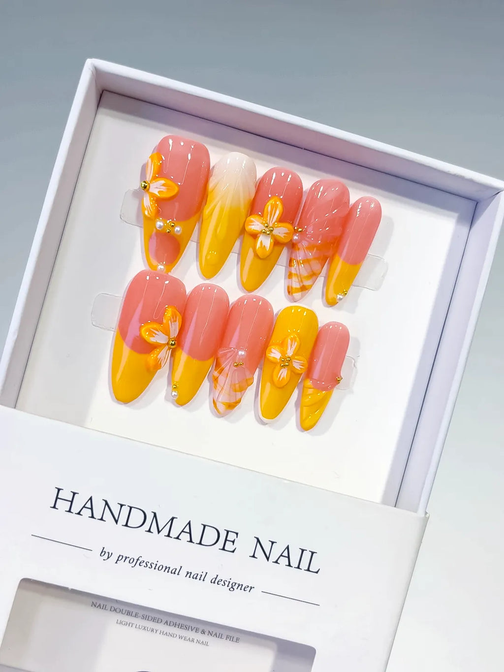 Pink Yellow Orange Ombre Flower Plaid press on nails