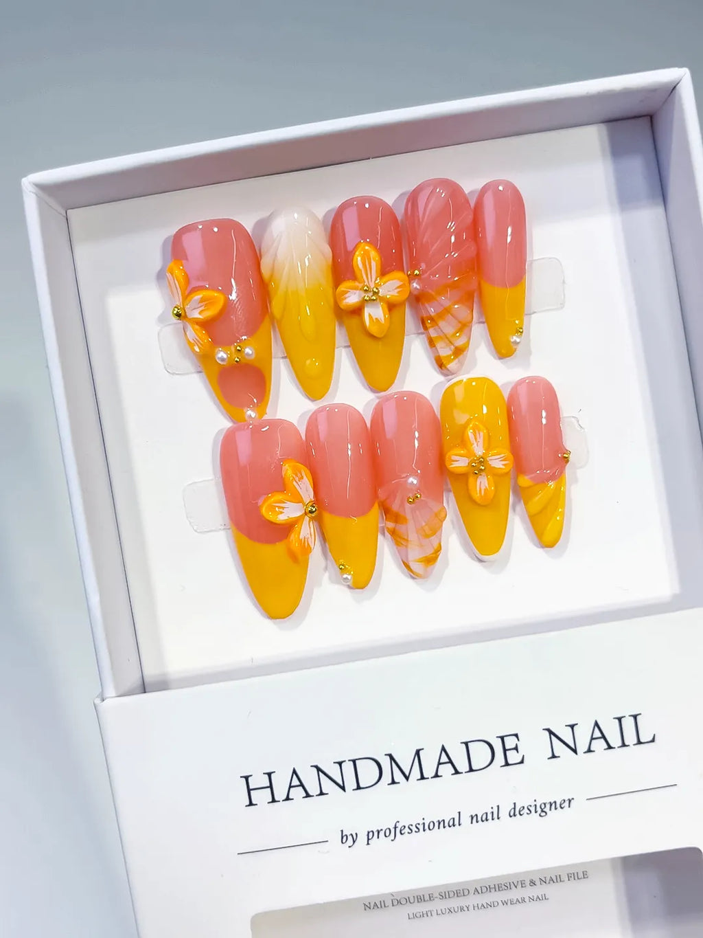Pink Yellow Orange Ombre Flower Plaid press on nails angled view
