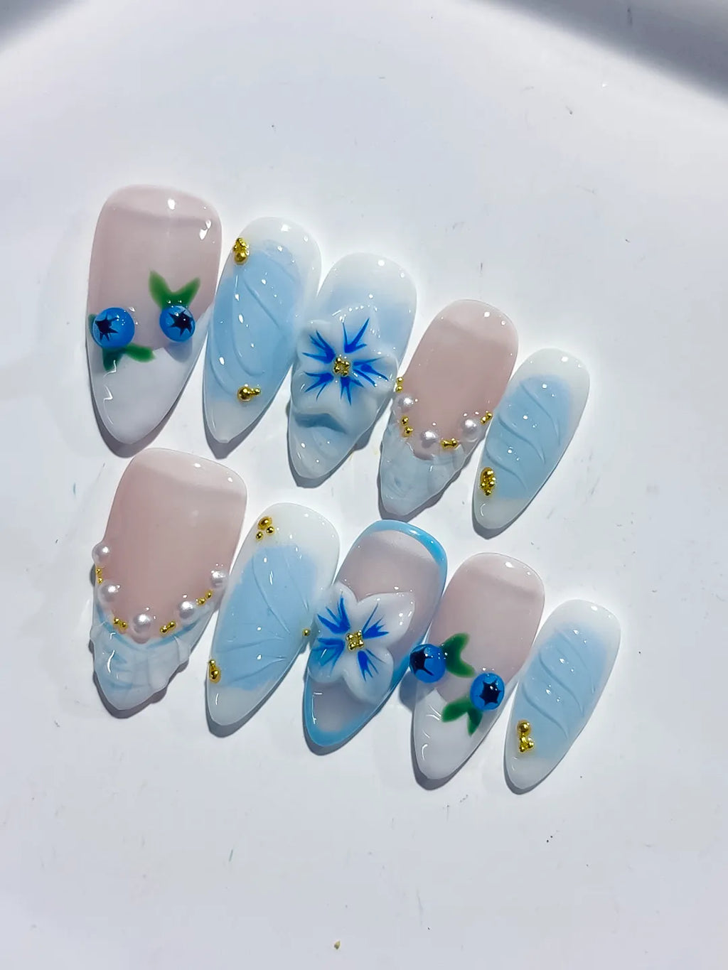 Nude Blue White French tip Flower Pearl press on nails detail view