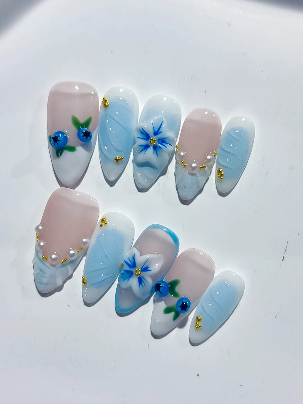 Nude Blue White French tip Flower Pearl press on nails detail view