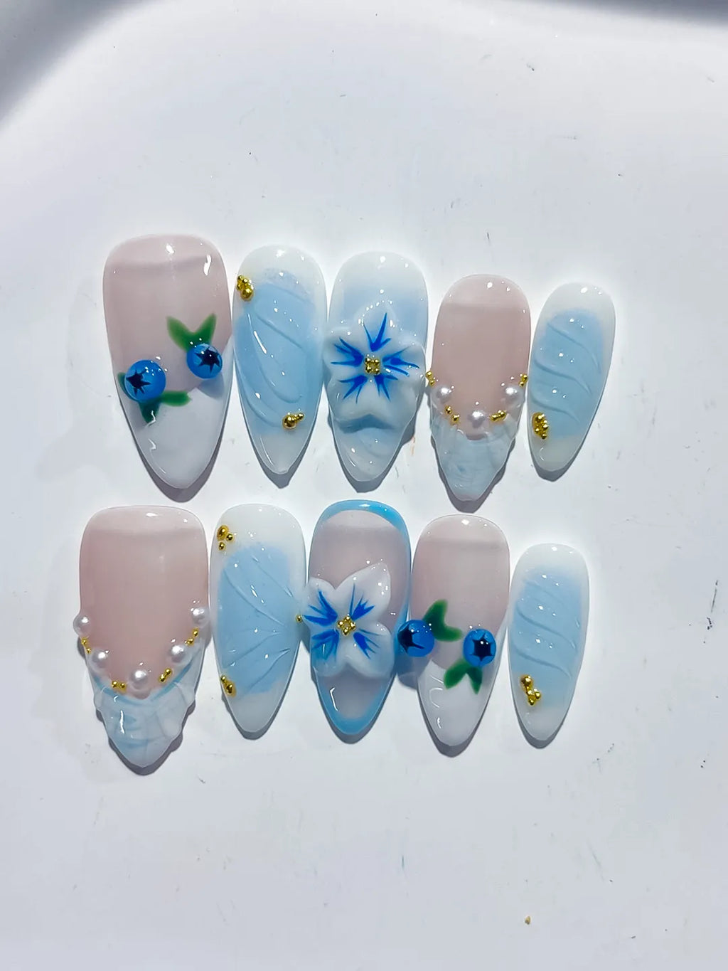 Nude Blue White French tip Flower Pearl press on nails detail view