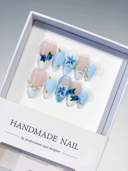 Nude Blue White French tip Flower Pearl press on nails