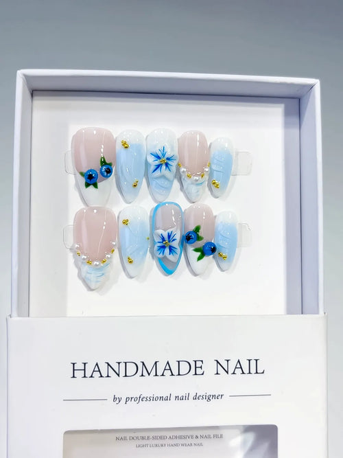 Nude Blue White French tip Flower Pearl press on nails full set view