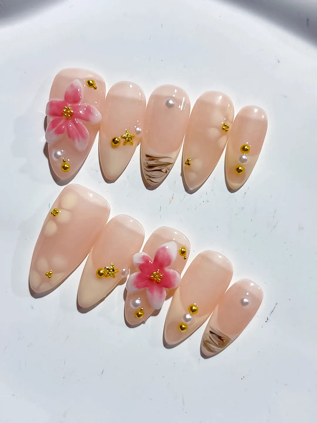 Nude Pink Gold Brown Solid color Flower Metallic Charm press on nails close up