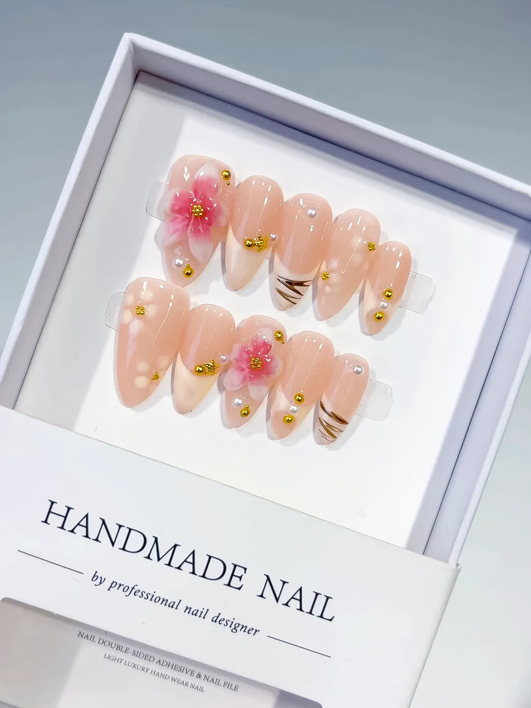 Nude Pink Gold Brown Solid color Flower Metallic Charm press on nails