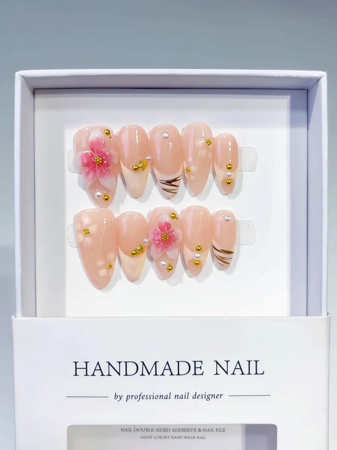 Nude Pink Gold Brown Solid color Flower Metallic Charm press on nails full set view