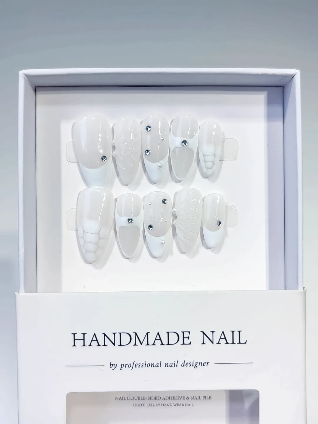 White Solid color Rhinestone Shell press on nails full set view