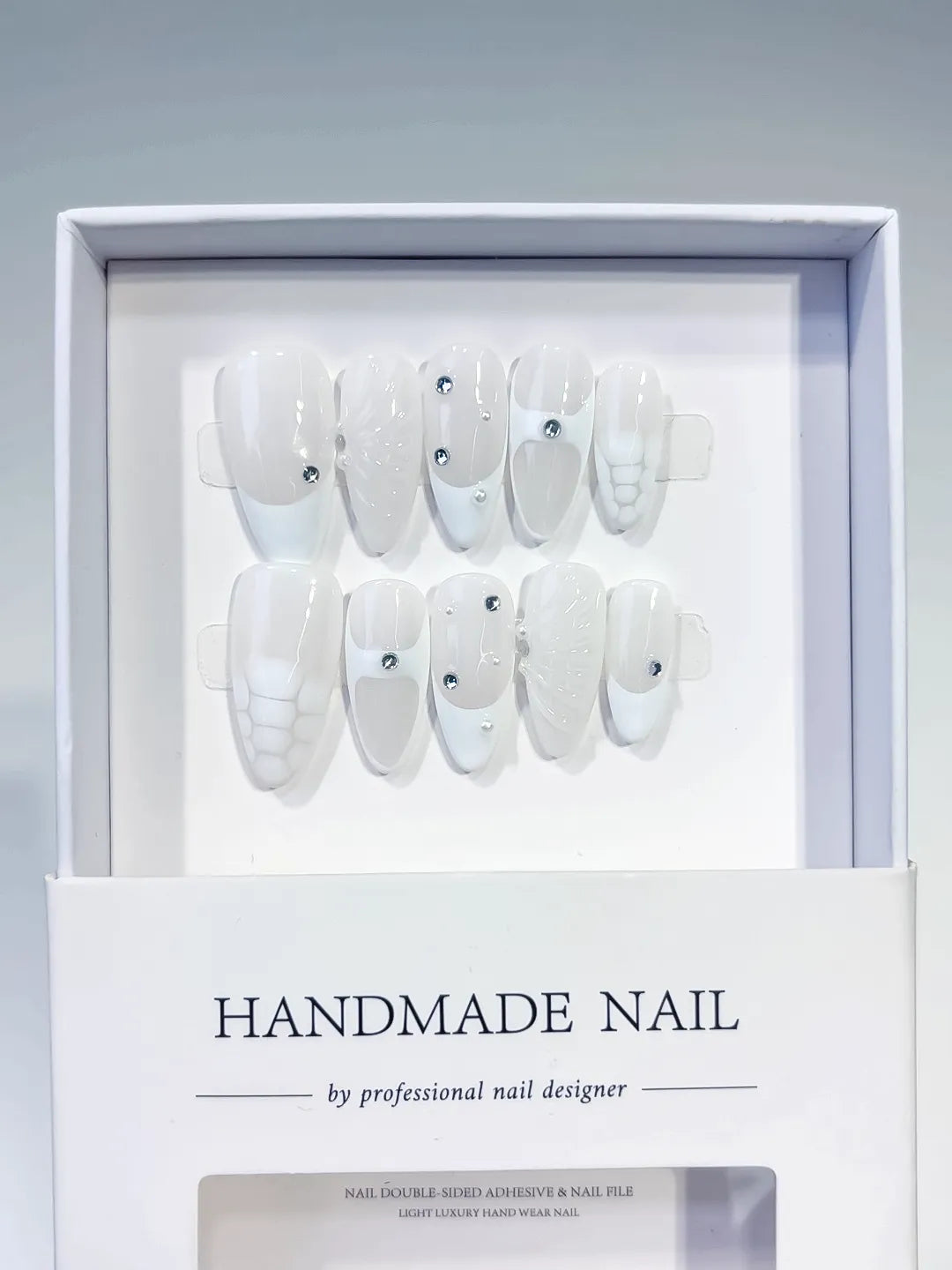 White Solid color Rhinestone Shell press on nails full set view