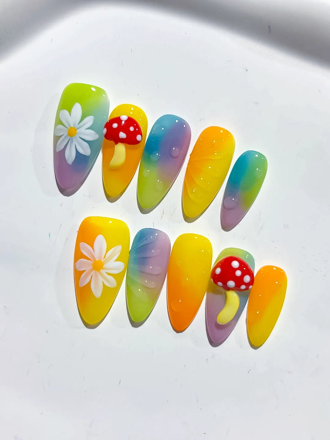 Yellow Green Purple Red Ombre Flower Mushroom press on nails detail view