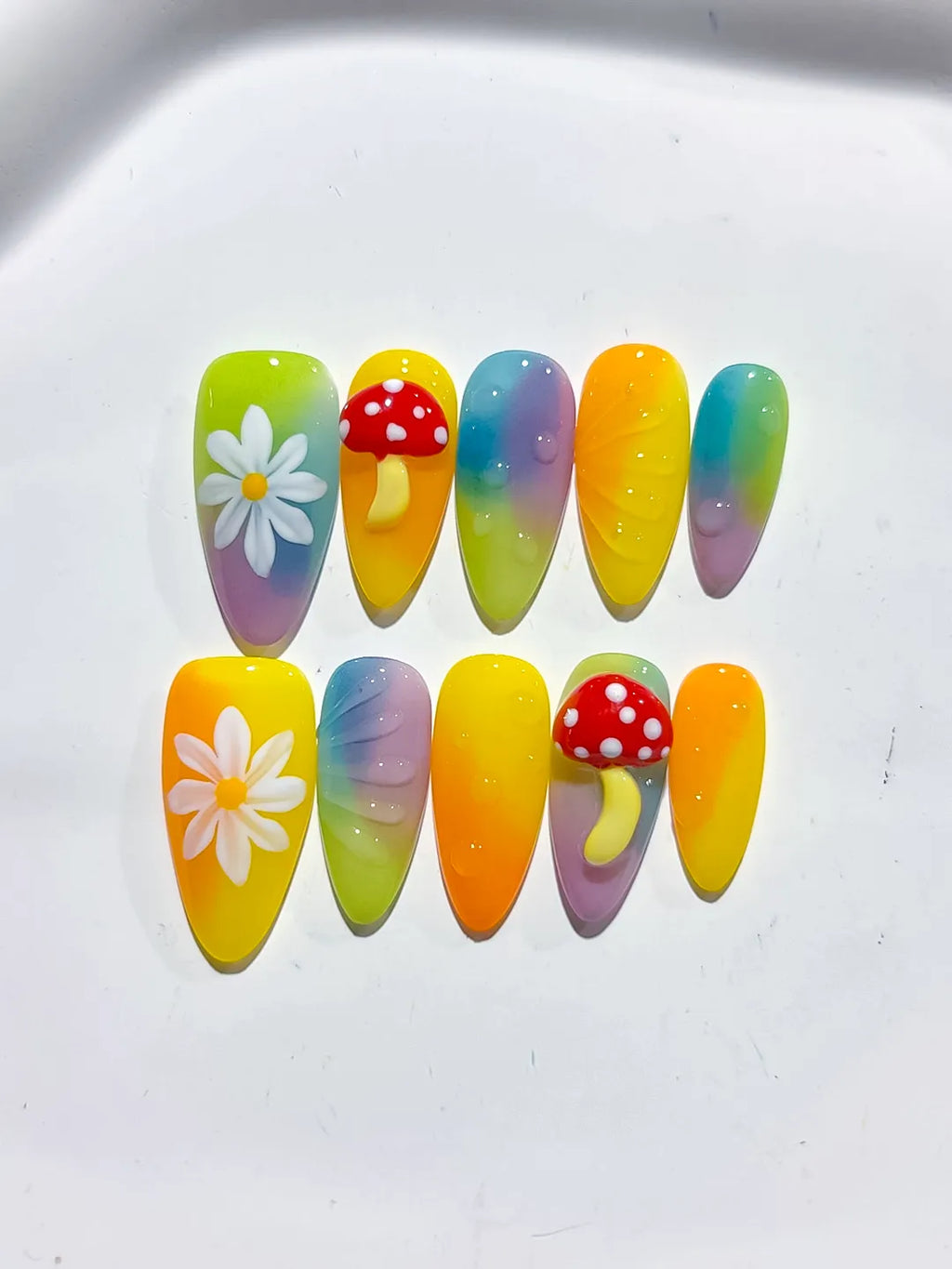 Yellow Green Purple Red Ombre Flower Mushroom press on nails detail view
