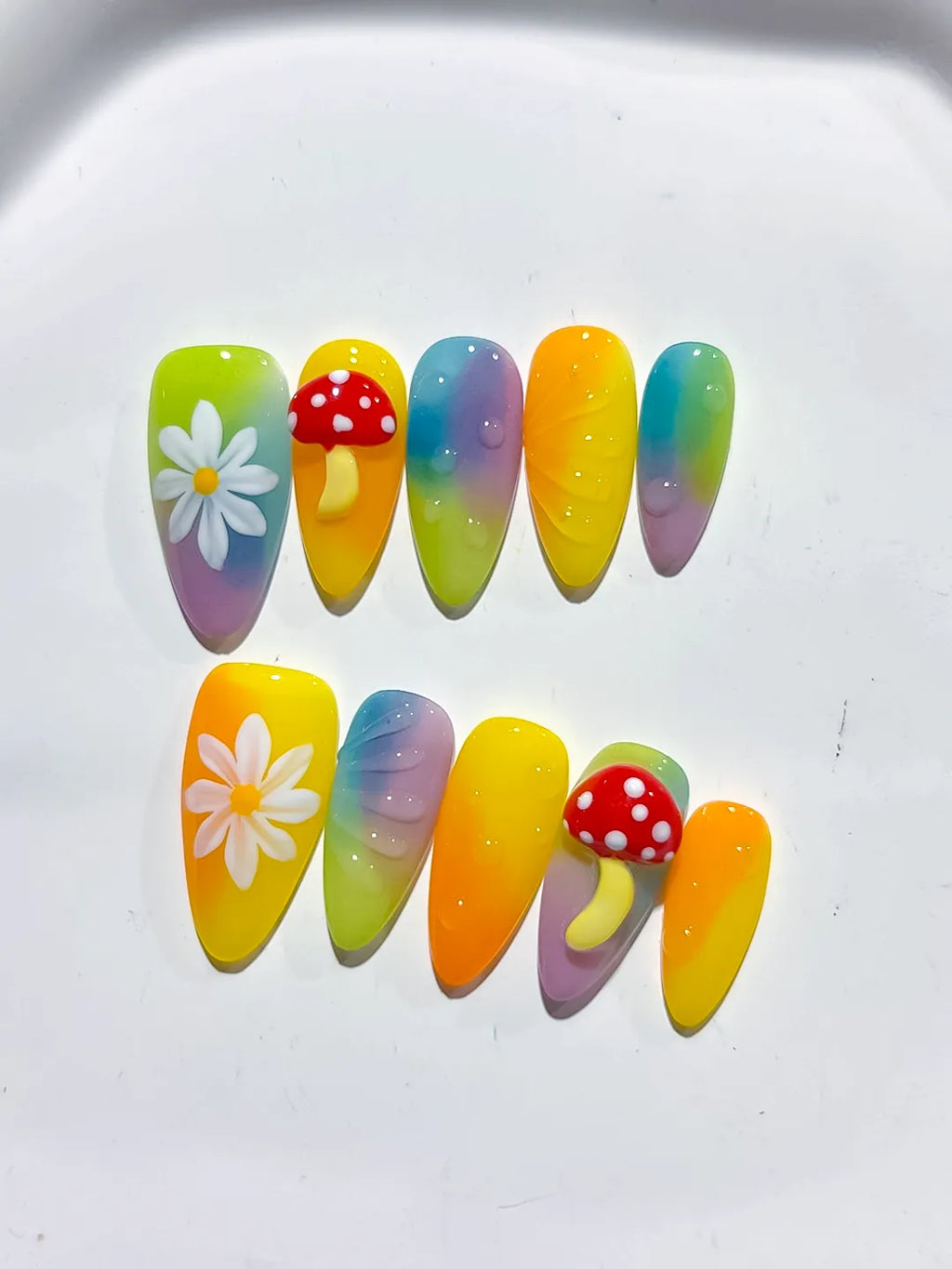 Yellow Green Purple Red Ombre Flower Mushroom press on nails detail view