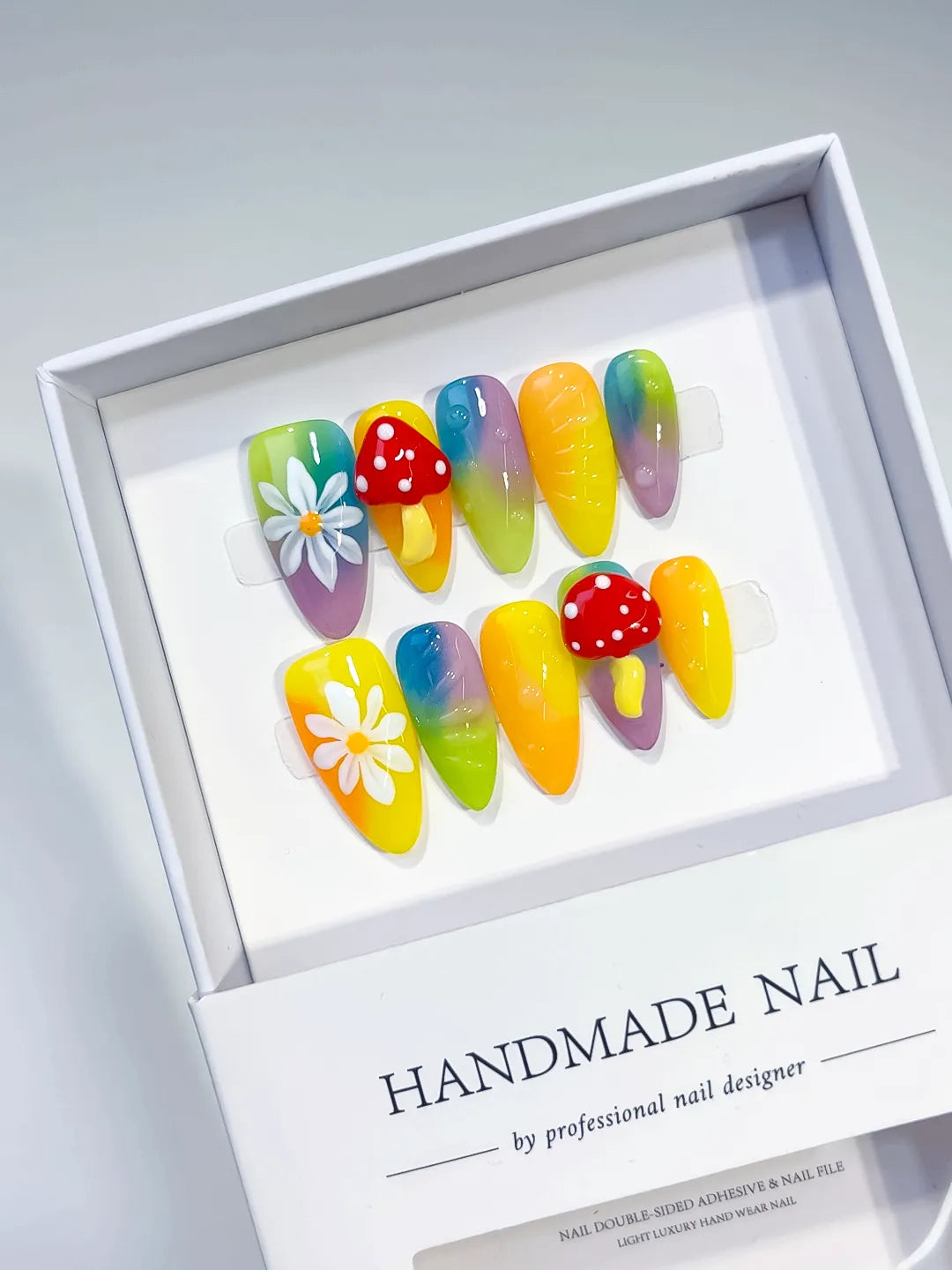 Yellow Green Purple Red Ombre Flower Mushroom press on nails angled view