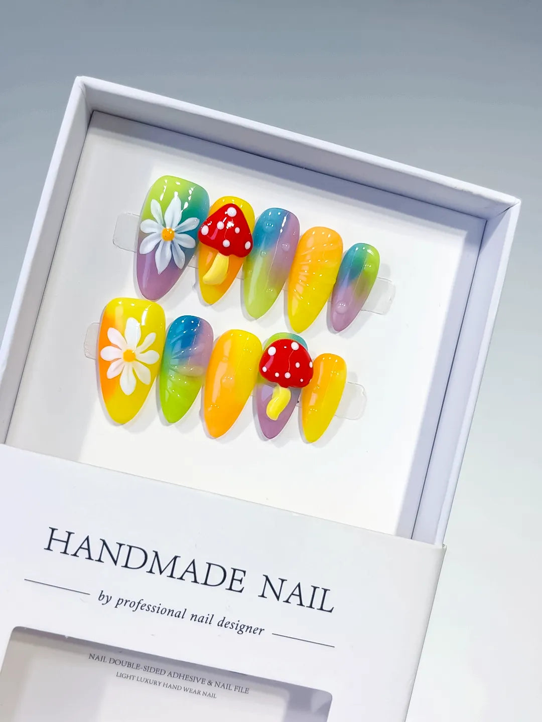 Yellow Green Purple Red Ombre Flower Mushroom press on nails