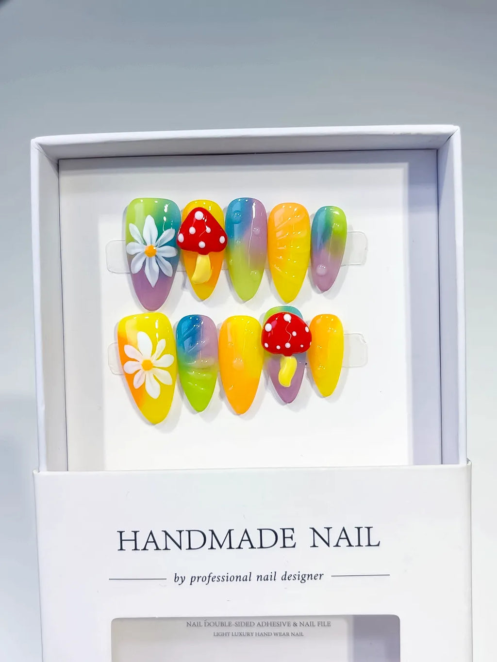 Yellow Green Purple Red Ombre Flower Mushroom press on nails full set view