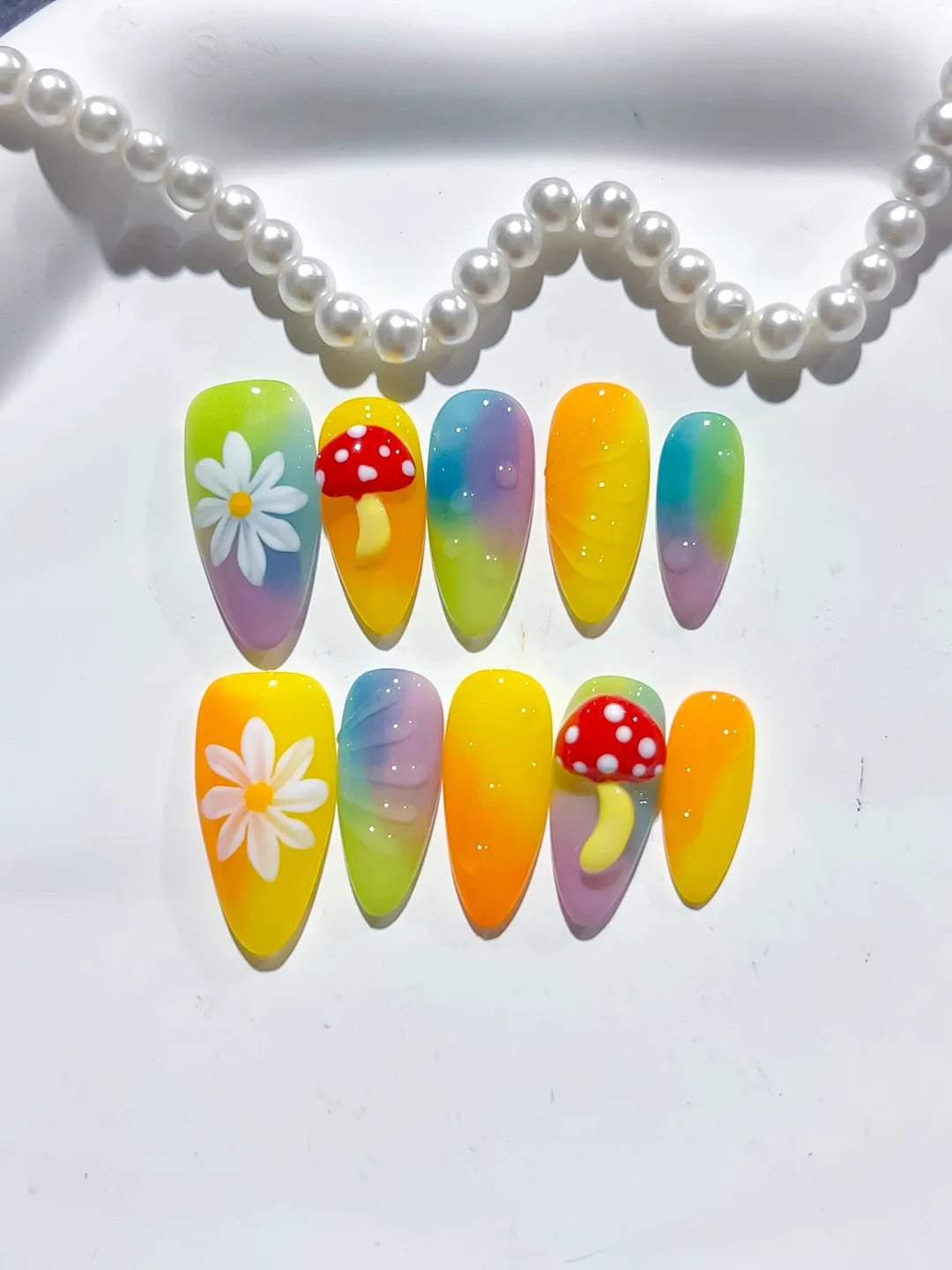 Yellow Green Purple Red Ombre Flower Mushroom press on nails close up