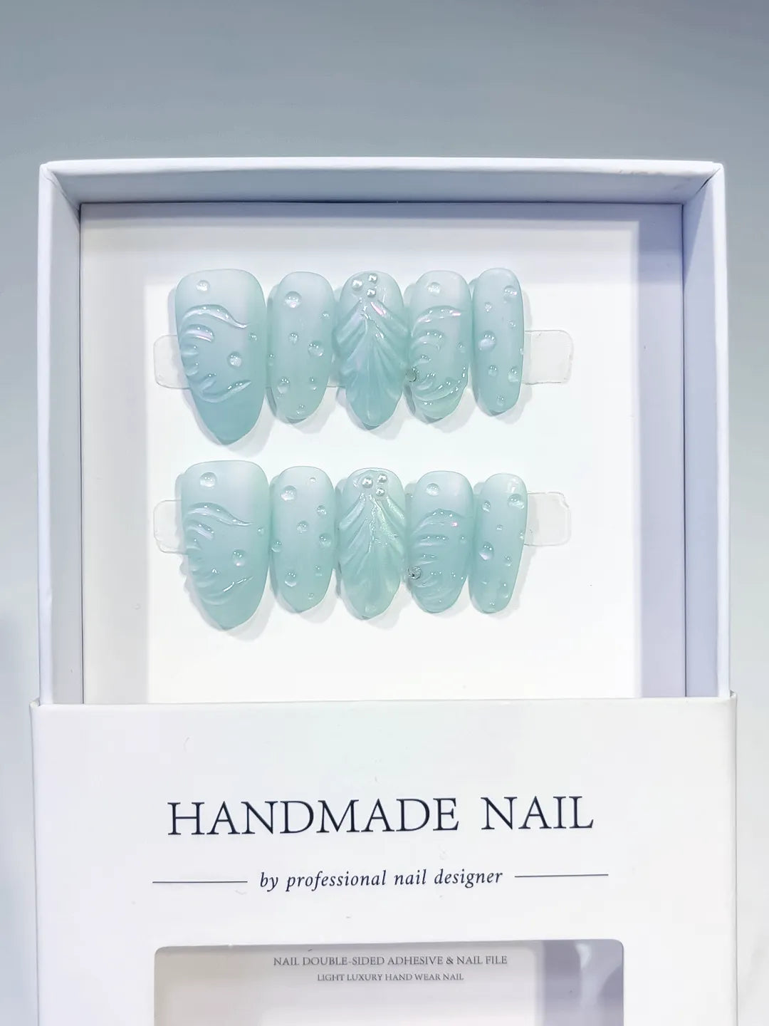 Green Solid color Leaf Pearl press on nails full set view