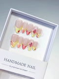 Nude Yellow Pink French tip Flower Pearl Stripe press on nails