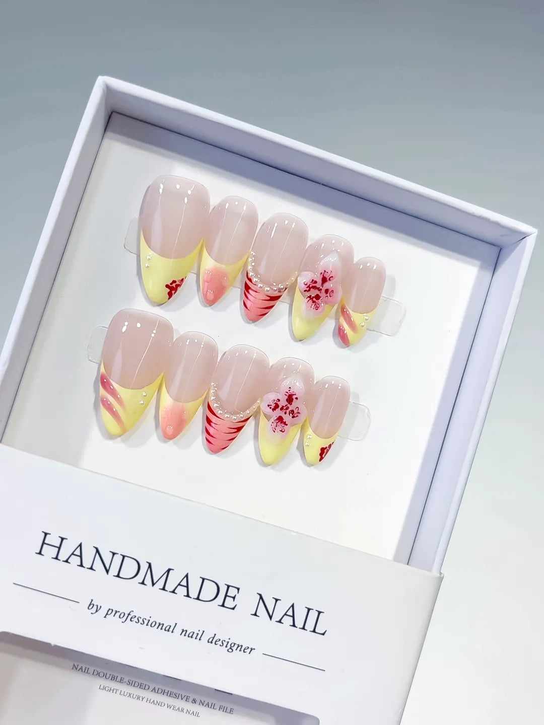 Nude Yellow Pink French tip Flower Pearl Stripe press on nails