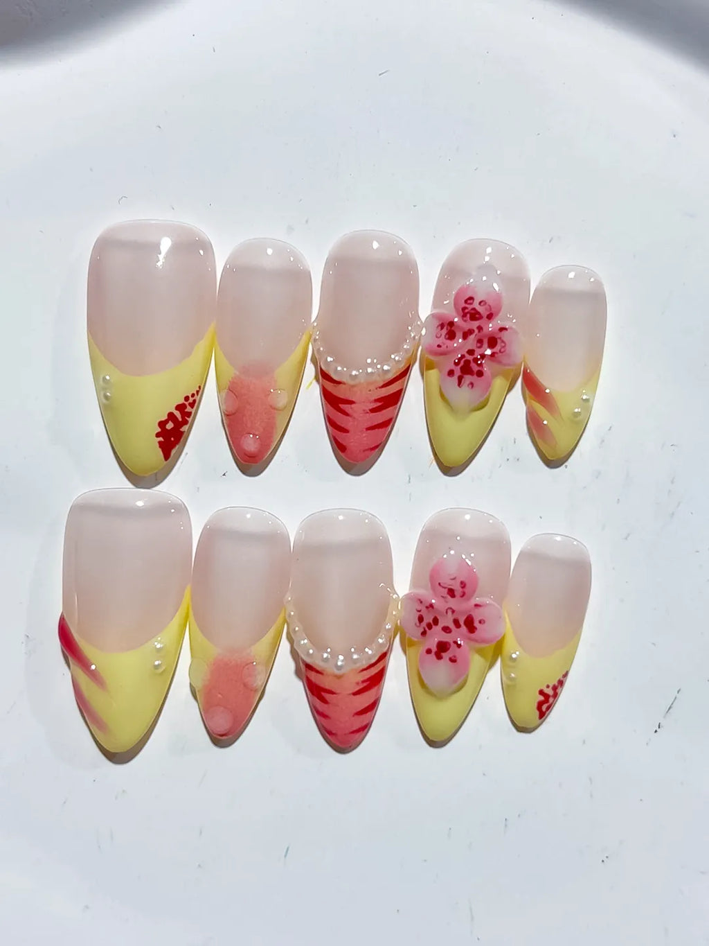 Nude Yellow Pink French tip Flower Pearl Stripe press on nails detail view