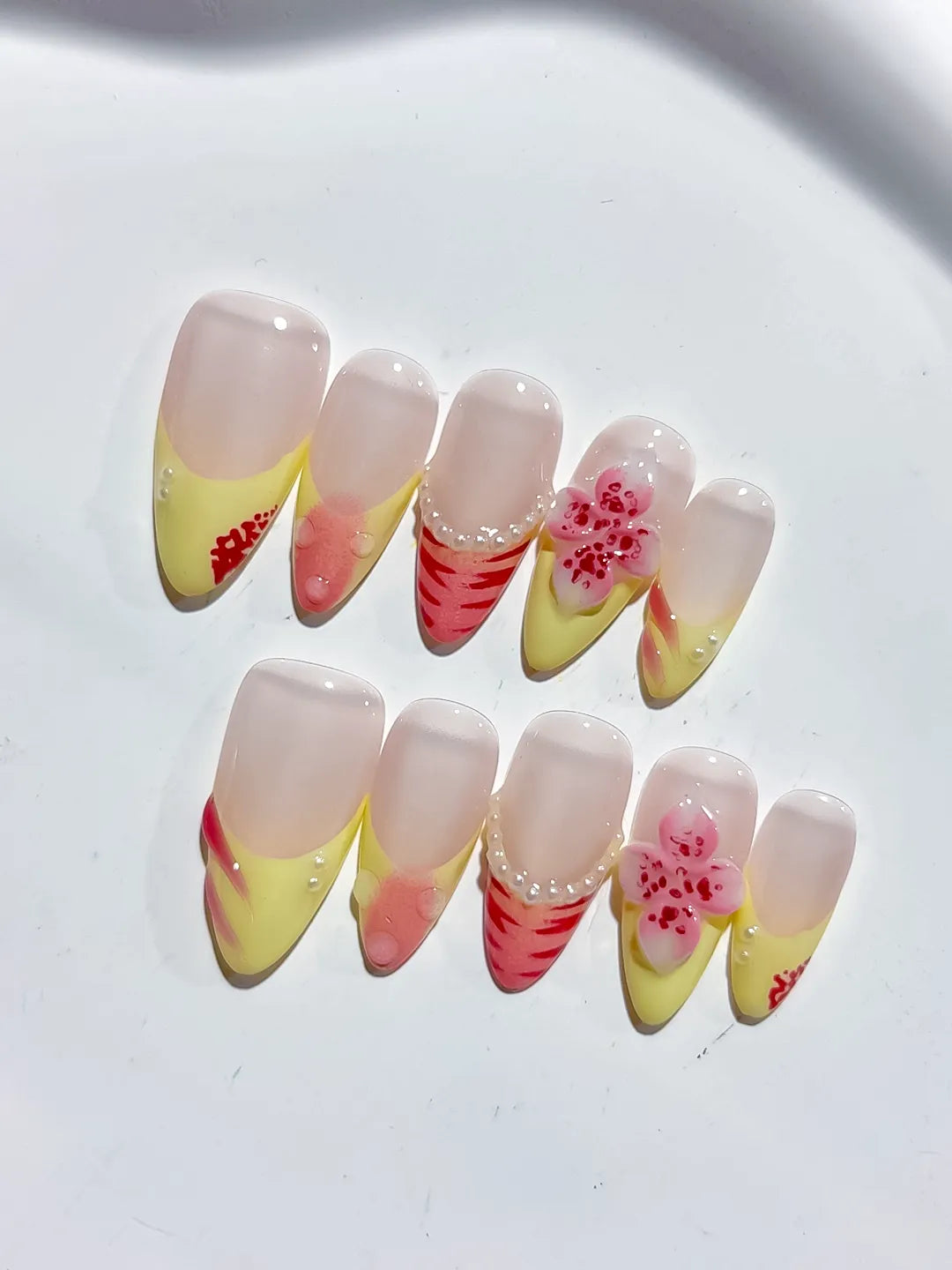 Nude Yellow Pink French tip Flower Pearl Stripe press on nails detail view