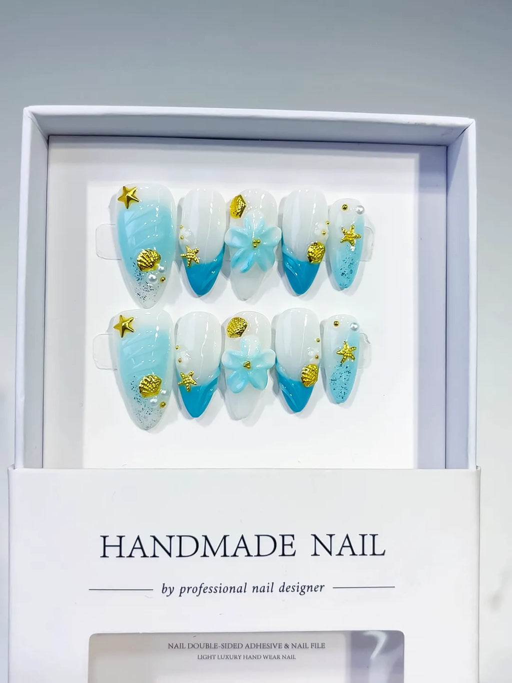 White Blue French tip Flower Star Shell press on nails full set view